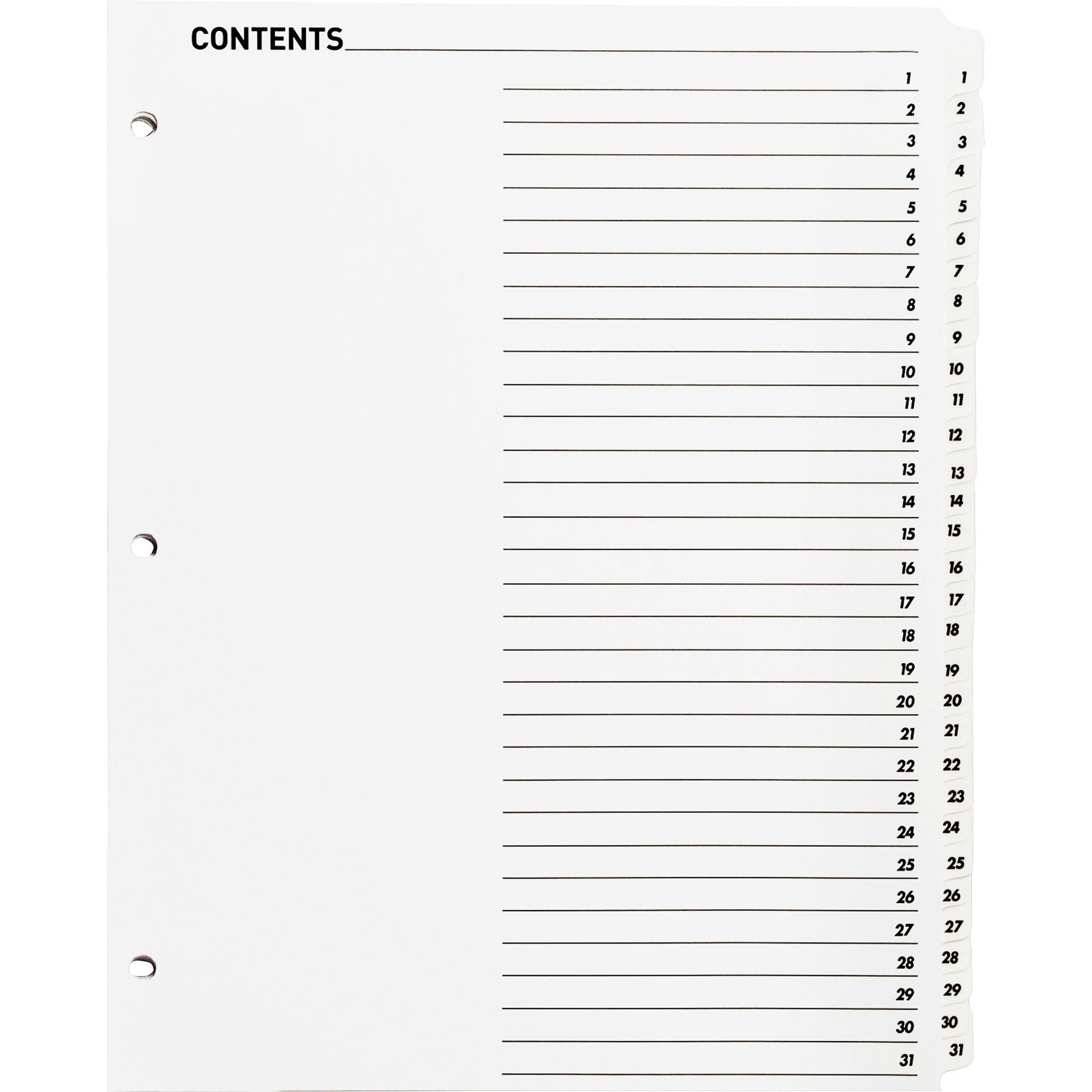 Business Source Table of Content Quick Index Dividers - Printed Tab(s) - Digit - 1-31 - 31 Tab(s)/Set - 8.5" Divider Width x 11" Divider Length - 3 Hole Punched - White Divider - White Mylar Tab(s) - 31 / Set