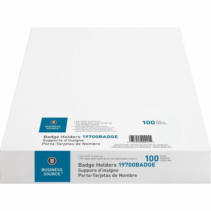 Business Source Pin-Style Holder Name Badge Kits - 500 / Bundle - Clear