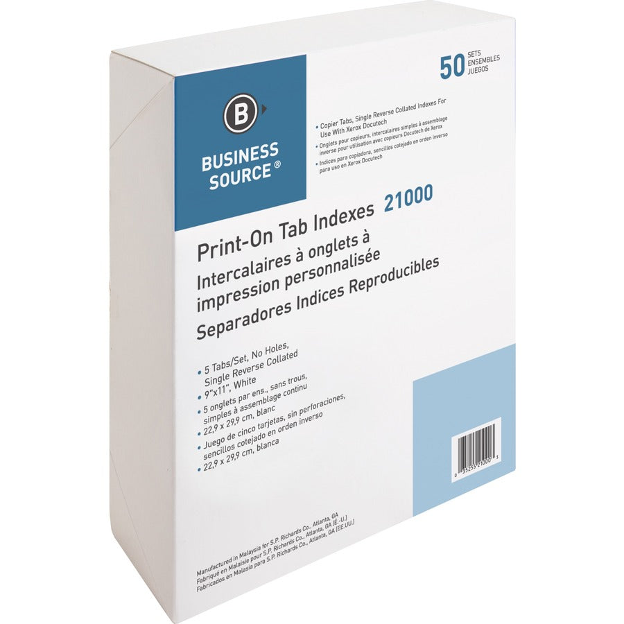 Business Source Tab Printer Economy Index Dividers - Print-on Tab(s) - 5 Tab(s)/Set - 8.5" Divider Width x 11" Divider Length - Letter - White Divider - White Tab(s) - 50 / Box