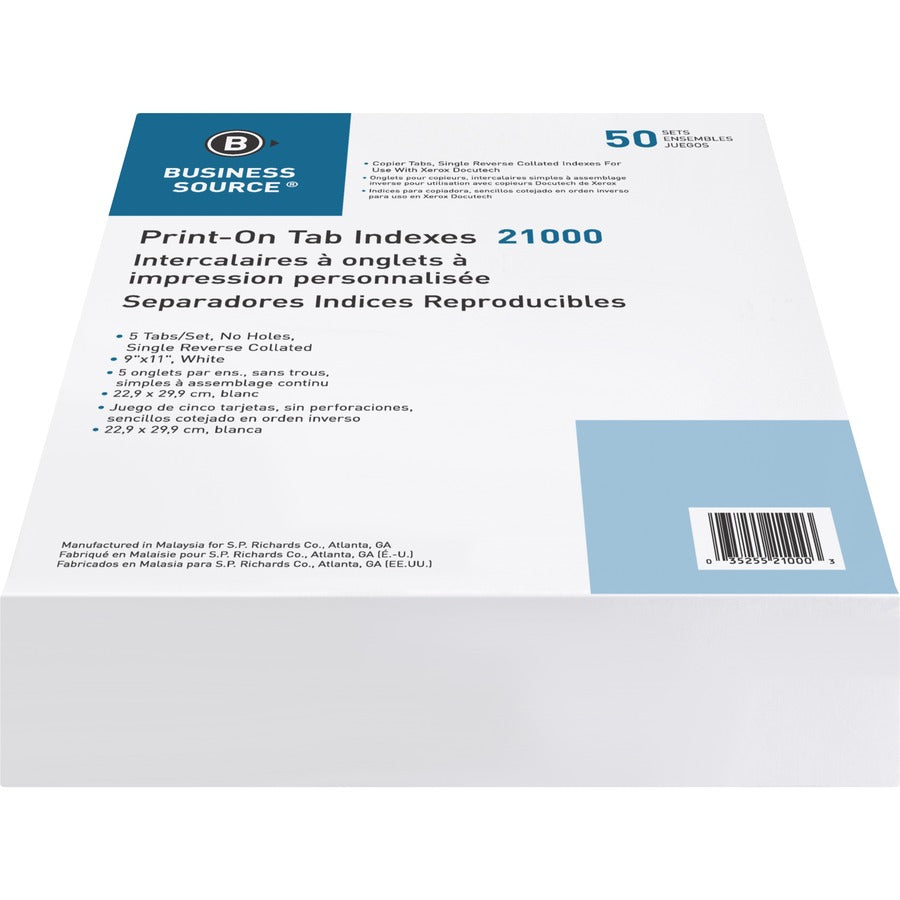 Business Source Tab Printer Economy Index Dividers - Print-on Tab(s) - 5 Tab(s)/Set - 8.5" Divider Width x 11" Divider Length - Letter - White Divider - White Tab(s) - 50 / Box