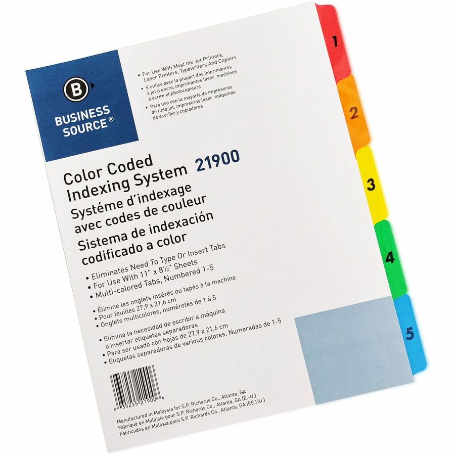 Business Source Table of Content Quick Index Dividers - Printed Tab(s) - Digit - 1-5 - 5 Tab(s)/Set - 8.5" Divider Width x 11" Divider Length - 3 Hole Punched - Multicolor Mylar Divider - Multicolor Mylar Tab(s) - 5 / Set