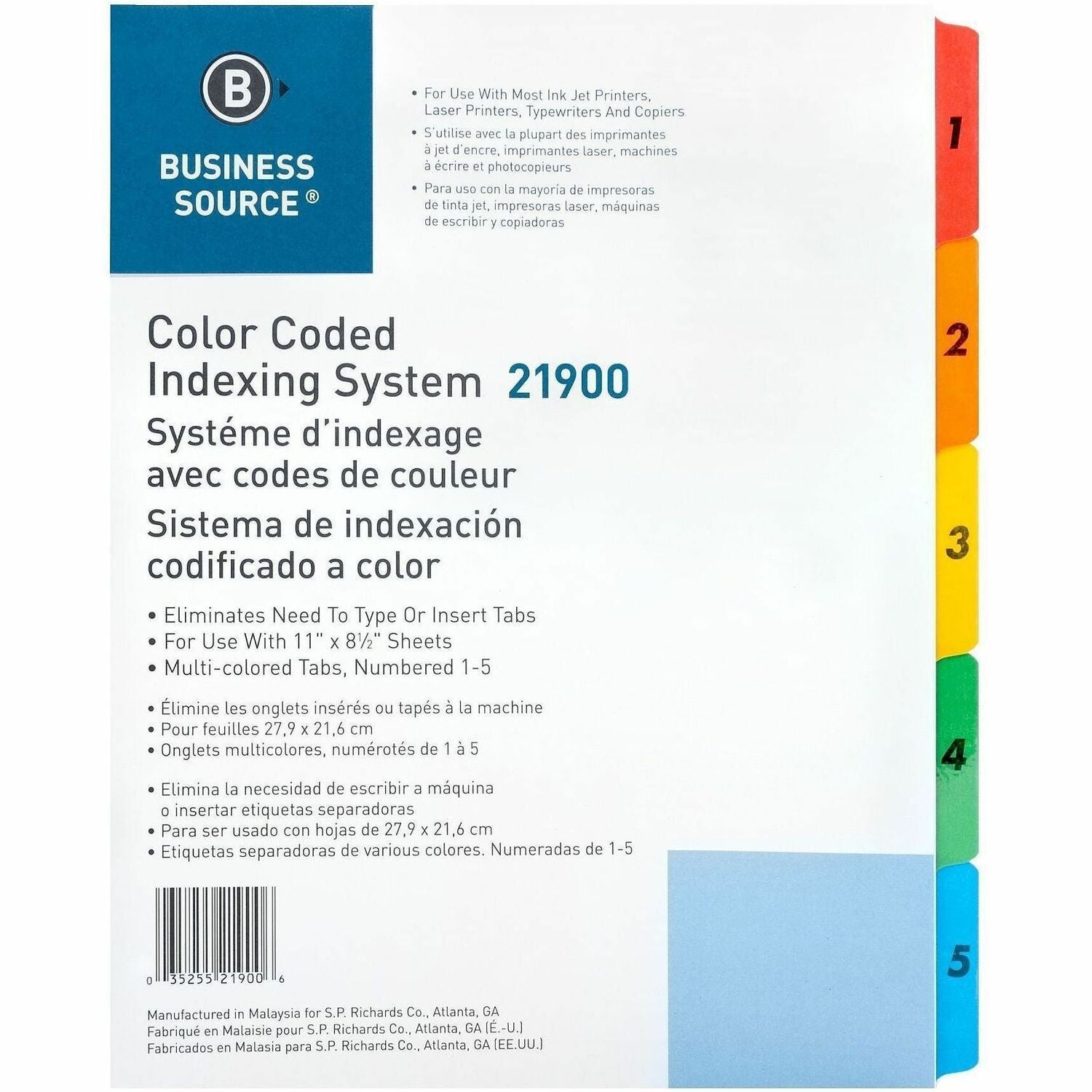 Business Source Table of Content Quick Index Dividers - Printed Tab(s) - Digit - 1-5 - 5 Tab(s)/Set - 8.5" Divider Width x 11" Divider Length - 3 Hole Punched - Multicolor Mylar Divider - Multicolor Mylar Tab(s) - 5 / Set