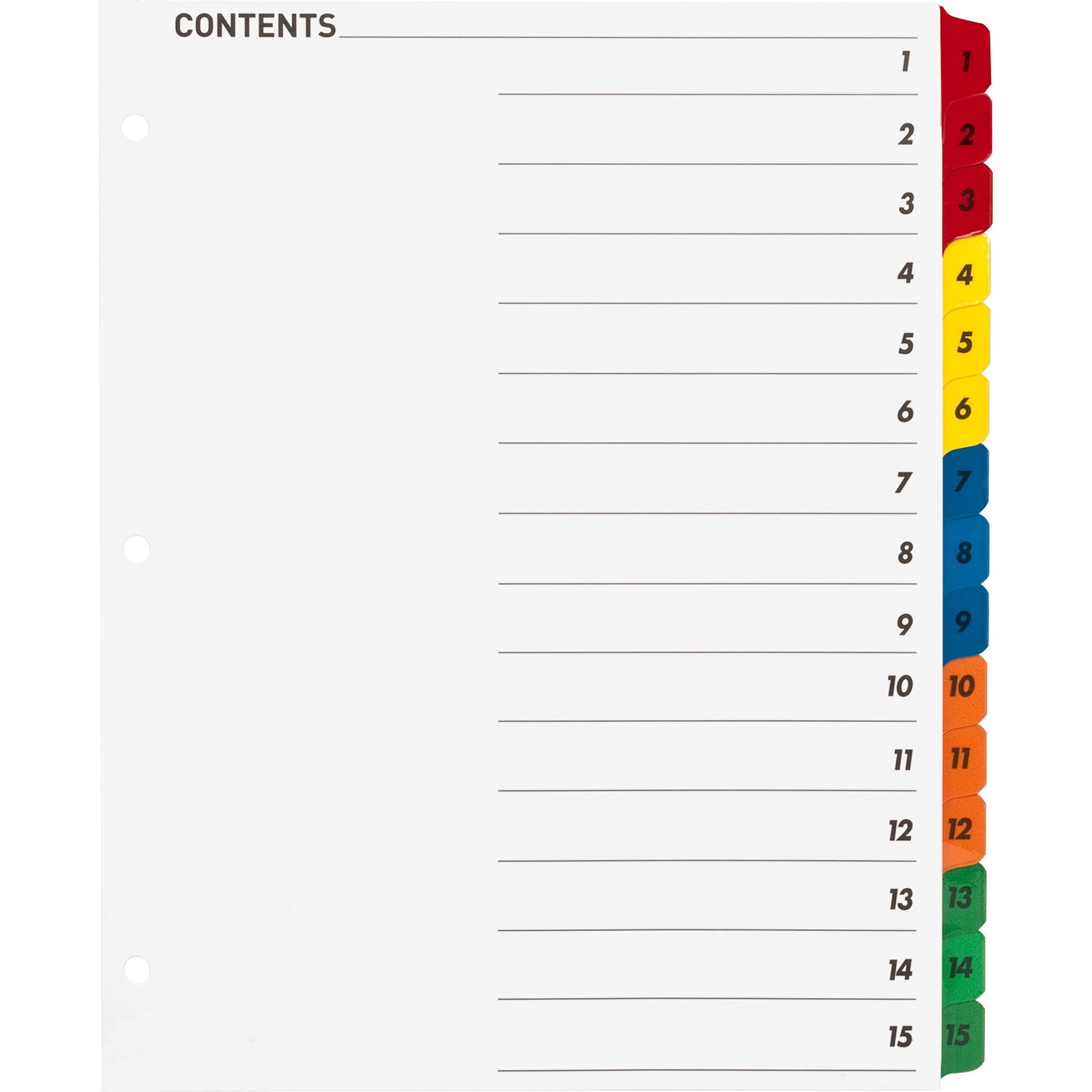 Business Source Table of Content Quick Index Dividers - Printed Tab(s) - Digit - 1-15 - 15 Tab(s)/Set - 8.5" Divider Width x 11" Divider Length - 3 Hole Punched - Multicolor Divider - Multicolor Mylar Tab(s) - 15 / Set - 1