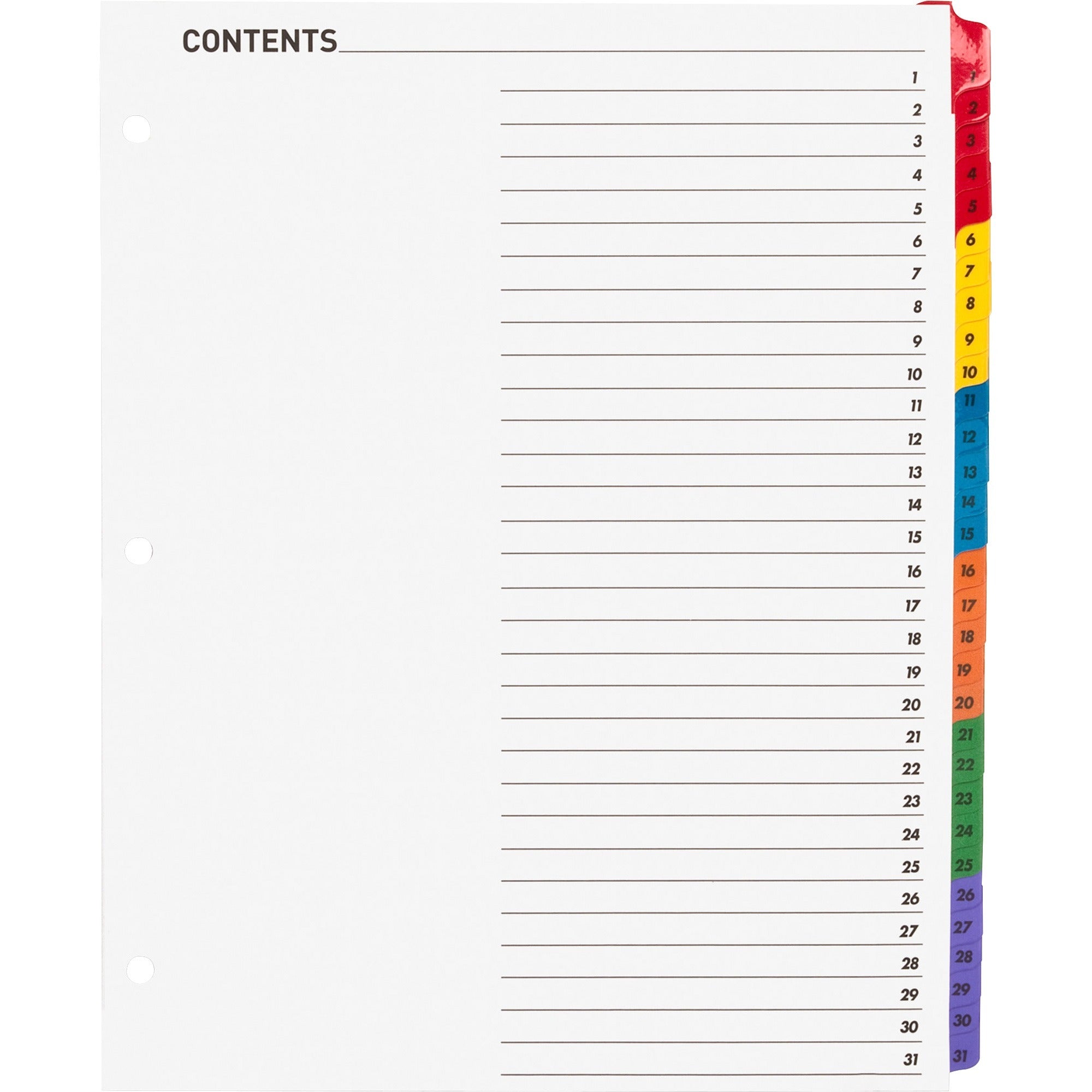 Business Source Table of Content Quick Index Dividers - Printed Tab(s) - Digit - 1-31 - 31 Tab(s)/Set - 8.5" Divider Width x 11" Divider Length - 3 Hole Punched - Multicolor Divider - Multicolor Mylar Tab(s) - 31 / Set - 1