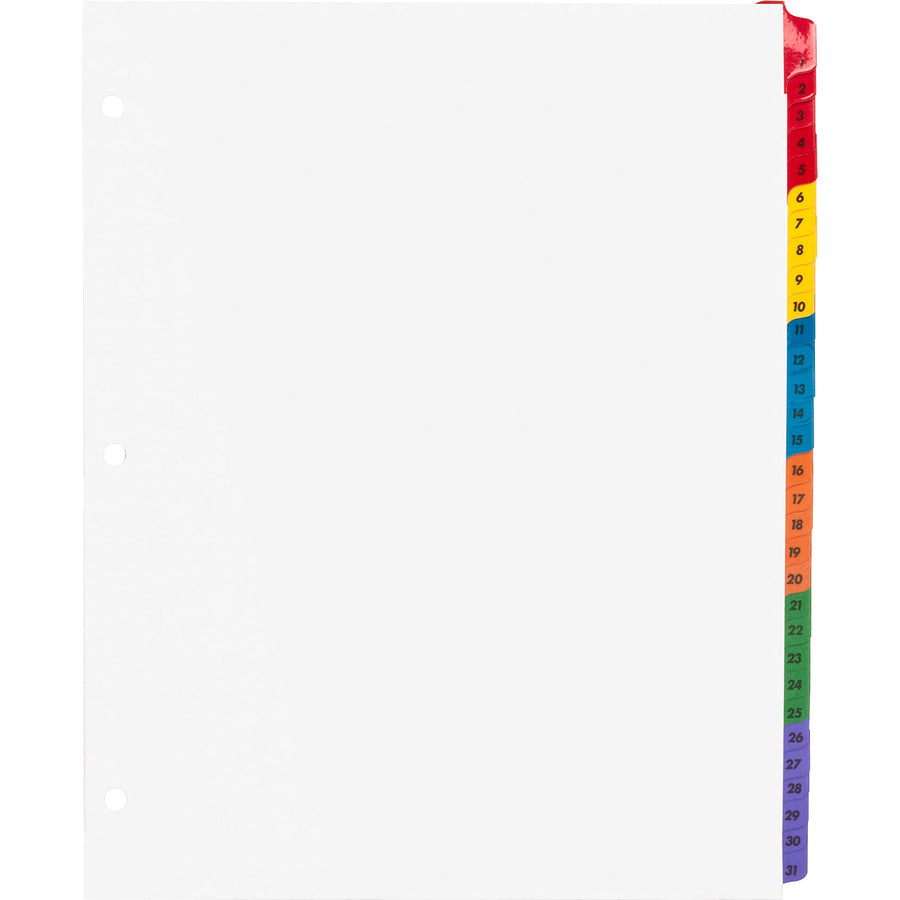 Business Source Table of Content Quick Index Dividers - Printed Tab(s) - Digit - 1-31 - 31 Tab(s)/Set - 8.5" Divider Width x 11" Divider Length - 3 Hole Punched - Multicolor Divider - Multicolor Mylar Tab(s) - 31 / Set - 2