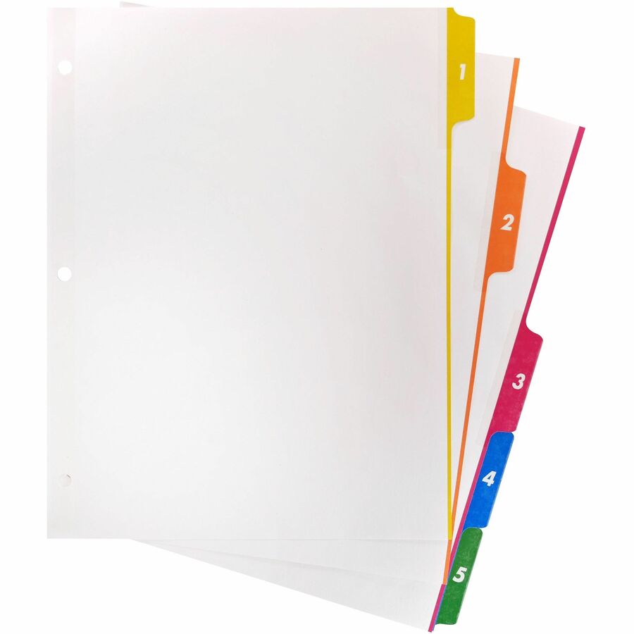 Business Source Color-coded Table of Contents/Tabs Index Dividers - Printed Tab(s) - Digit - 1-5 - 5 Tab(s)/Set - 3 Hole Punched - White Divider - Multicolor Mylar Tab(s) - 24 / Box