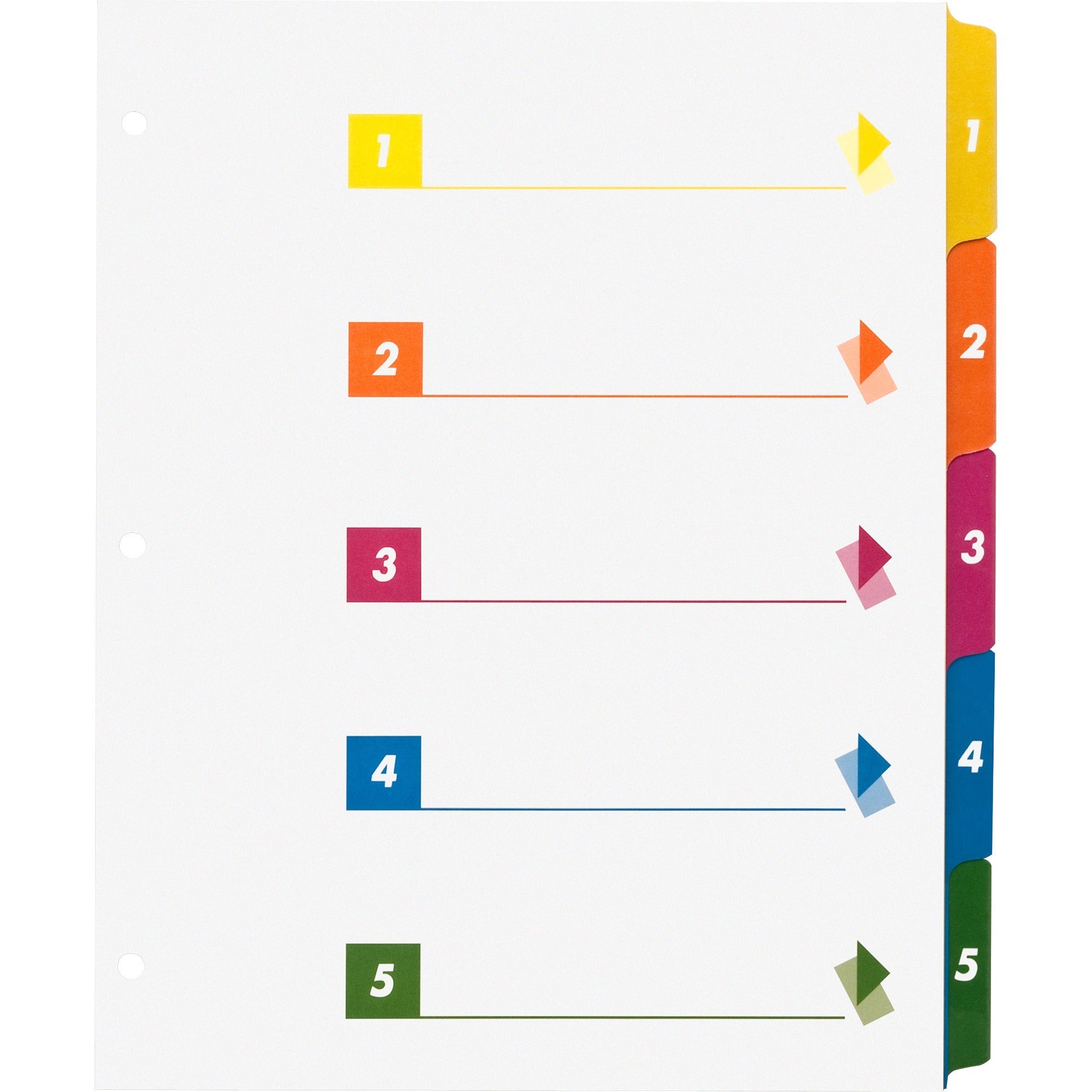 Business Source Color-coded Table of Contents/Tabs Index Dividers - Printed Tab(s) - Digit - 1-5 - 5 Tab(s)/Set - 3 Hole Punched - White Divider - Multicolor Mylar Tab(s) - 24 / Box - 1