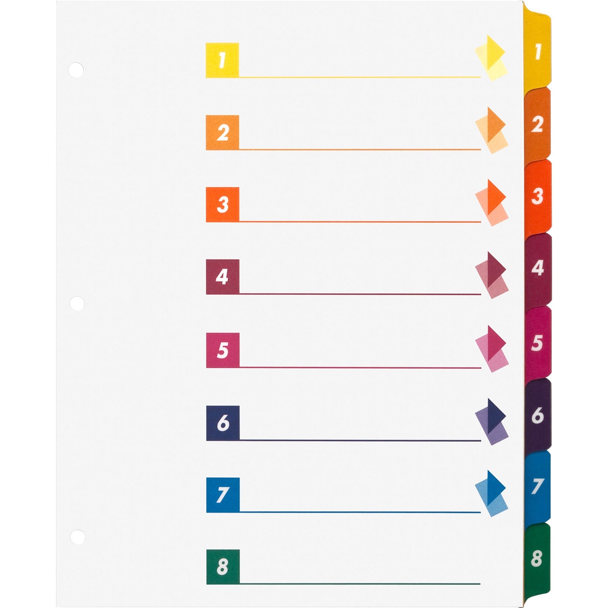 Business Source Color-coded Table of Contents/Tabs Index Dividers - Printed Tab(s) - Digit - 1-8 - 8 Tab(s)/Set - 3 Hole Punched - White Divider - Multicolor Mylar Tab(s) - 24 / Box - 1