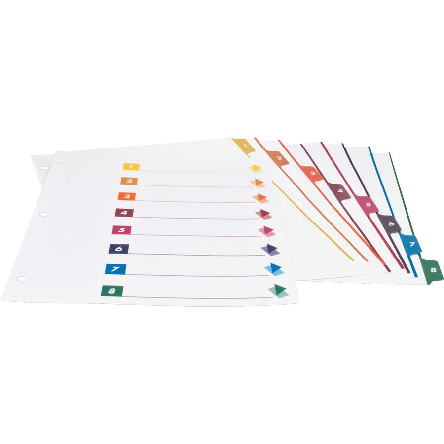 Business Source Color-coded Table of Contents/Tabs Index Dividers - Printed Tab(s) - Digit - 1-8 - 8 Tab(s)/Set - 3 Hole Punched - White Divider - Multicolor Mylar Tab(s) - 24 / Box - 2