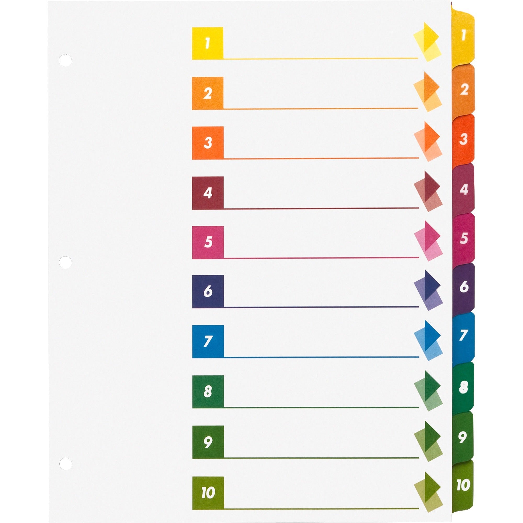 Business Source Color-coded Table of Contents/Tabs Index Dividers - Printed Tab(s) - Digit - 1-10 - 10 Tab(s)/Set - 3 Hole Punched - Multicolor Divider - Multicolor Mylar Tab(s) - 24 / Box - 1