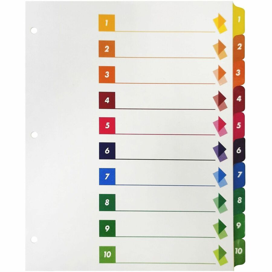 Business Source Color-coded Table of Contents/Tabs Index Dividers - Printed Tab(s) - Digit - 1-10 - 10 Tab(s)/Set - 3 Hole Punched - Multicolor Divider - Multicolor Mylar Tab(s) - 24 / Box