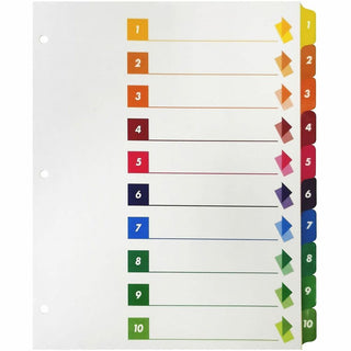 Business Source Color-coded Table of Contents/Tabs Index Dividers - Printed Tab(s) - Digit - 1-10 - 10 Tab(s)/Set - 3 Hole Punched - Multicolor Divider - Multicolor Mylar Tab(s) - 24 / Box