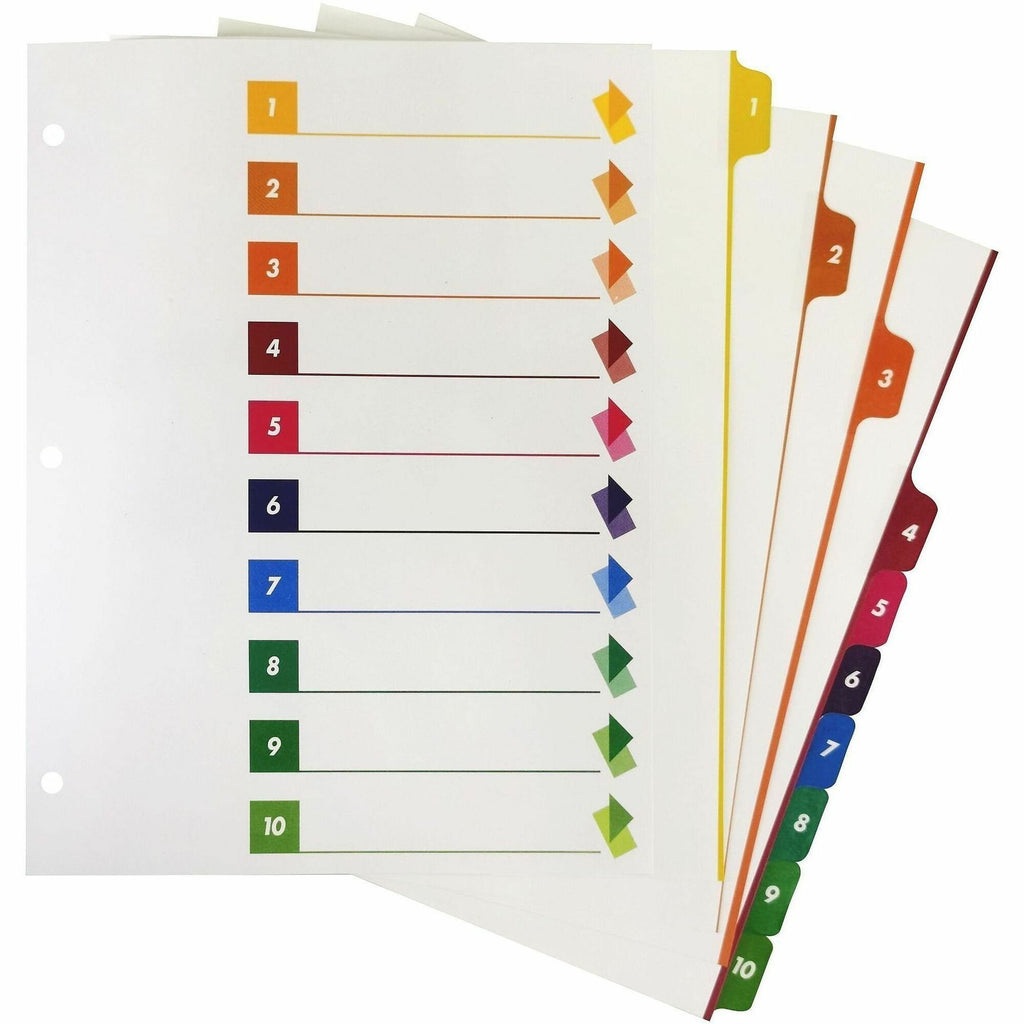 Business Source Color-coded Table of Contents/Tabs Index Dividers - Printed Tab(s) - Digit - 1-10 - 10 Tab(s)/Set - 3 Hole Punched - Multicolor Divider - Multicolor Mylar Tab(s) - 24 / Box