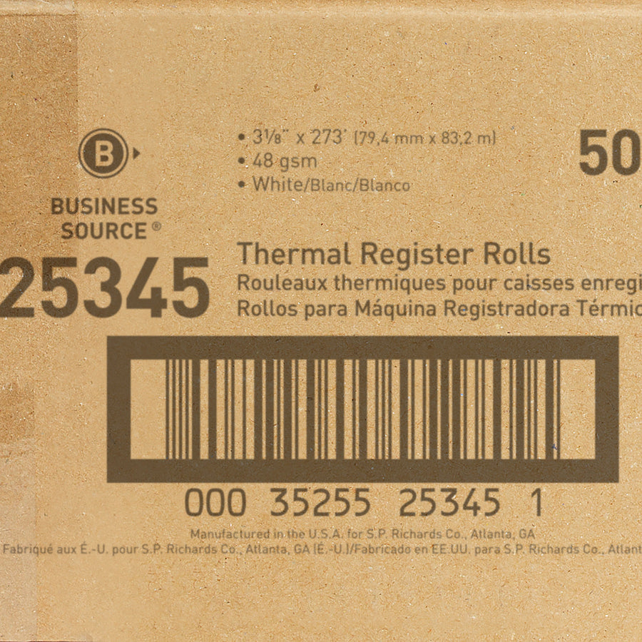 Business Source Thermal Paper - 3 1/8" x 273 ft - 48 g/m2 Grammage - Smooth - 50 / Carton - White