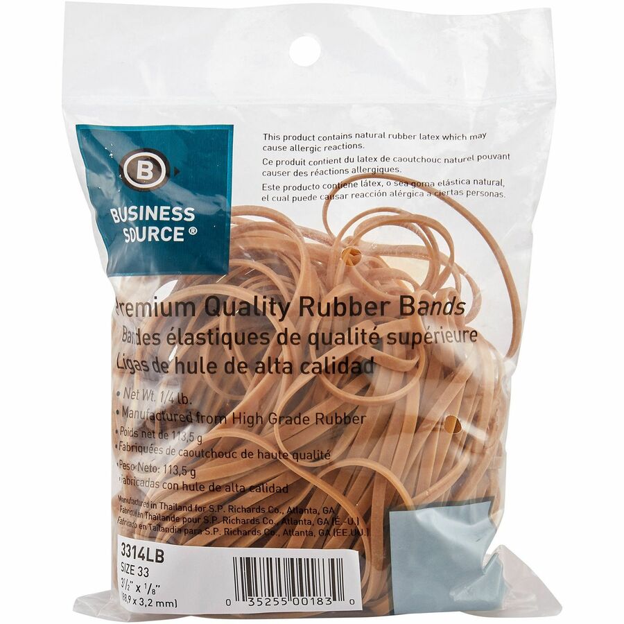 Business Source Rubber Bands - Size: #33 - 3.5" Length - 125 mil Thickness - 212 / Pack - Natural