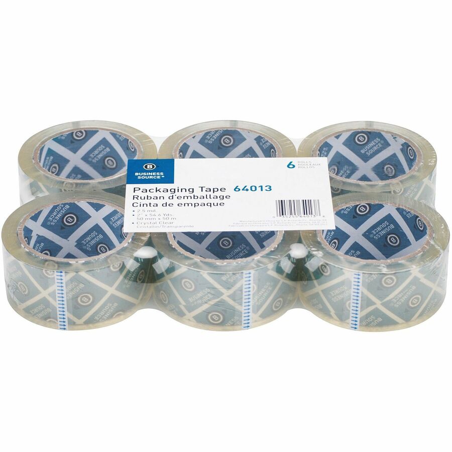 Business Source Crystal Clear Packaging Tape - 55 yd Length x 2" Width - 3" Core - Pressure-sensitive Poly - 2.50 mil - Abrasion Resistant, Split Resistant - For Packing - 6 / Pack - Crystal