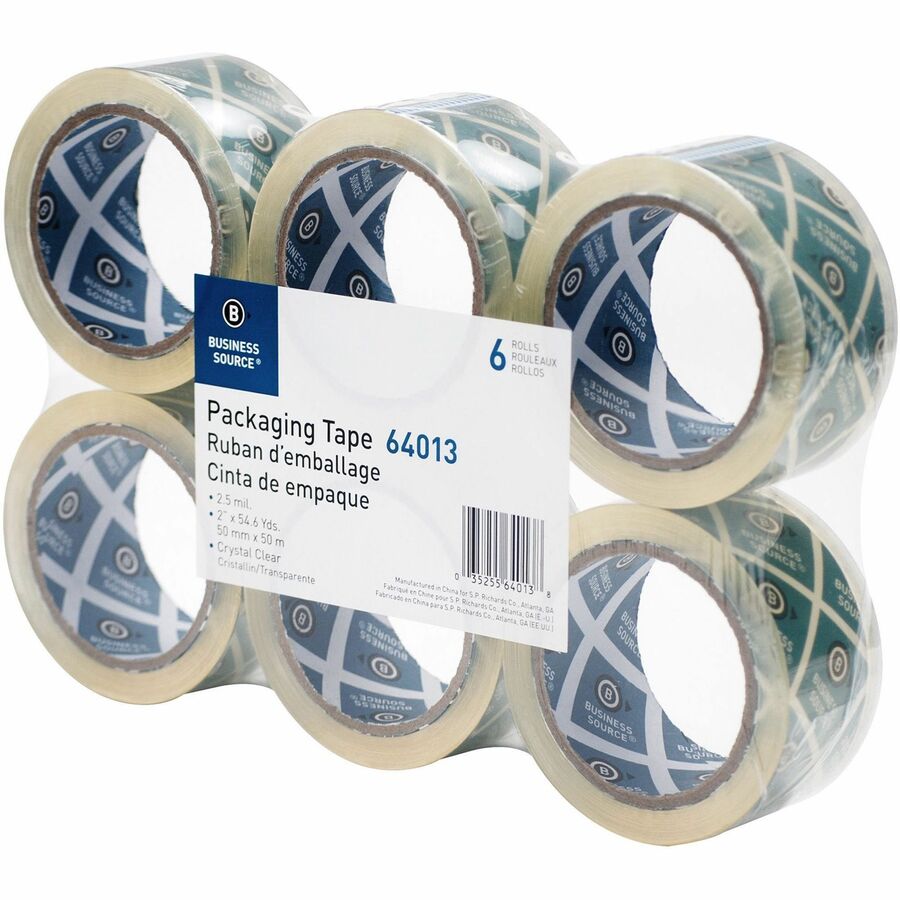 Business Source Crystal Clear Packaging Tape - 55 yd Length x 2" Width - 3" Core - Pressure-sensitive Poly - 2.50 mil - Abrasion Resistant, Split Resistant - For Packing - 6 / Pack - Crystal