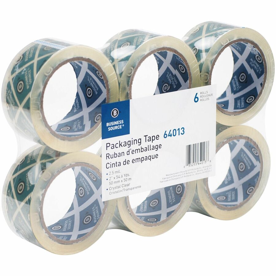 Business Source Crystal Clear Packaging Tape - 55 yd Length x 2" Width - 3" Core - Pressure-sensitive Poly - 2.50 mil - Abrasion Resistant, Split Resistant - For Packing - 6 / Pack - Crystal