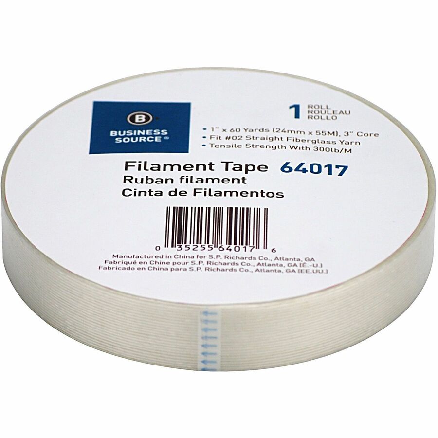 Business Source Heavy-duty Filament Tape - 60 yd Length x 1" Width - 3" Core - Fiberglass Filament - 1 / RollRoll - White