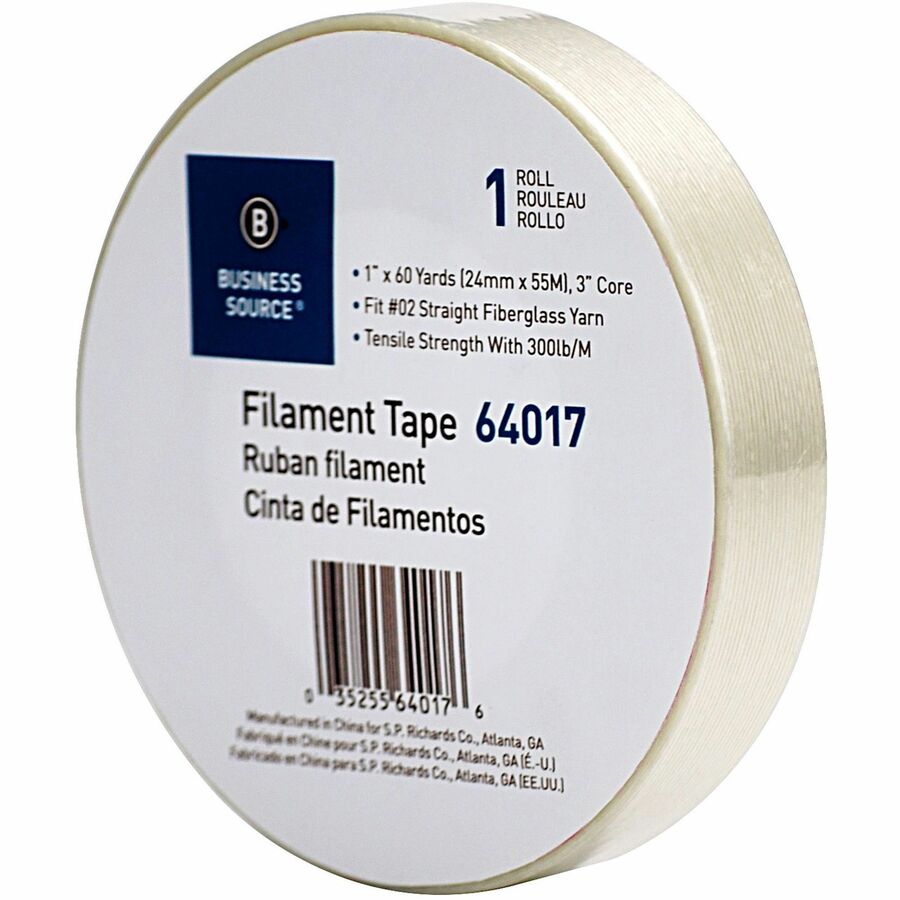 Business Source Heavy-duty Filament Tape - 60 yd Length x 1" Width - 3" Core - Fiberglass Filament - 1 / RollRoll - White