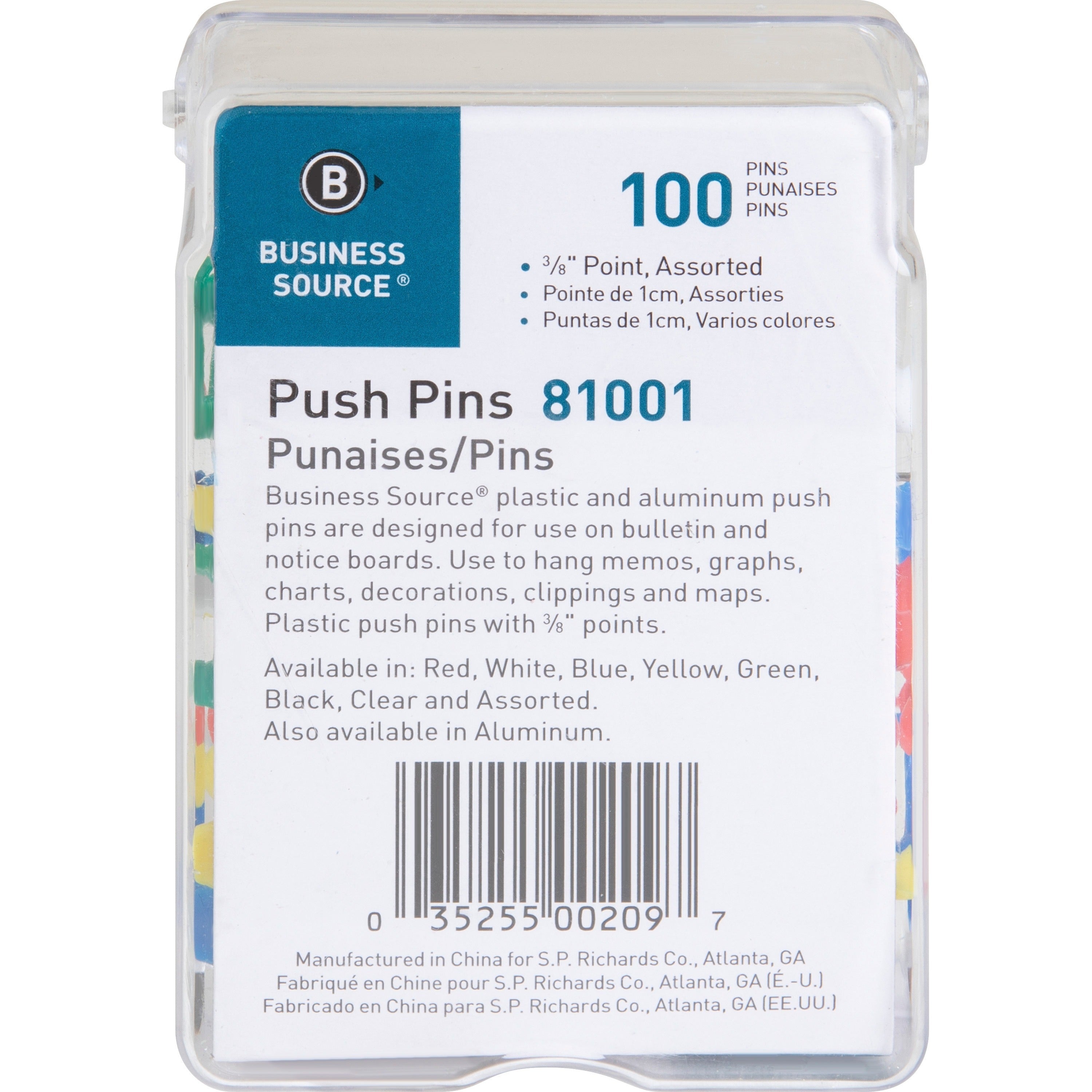 business-source-1-2-head-push-pins-050-head-100-box-assorted_bsn81001 - 2