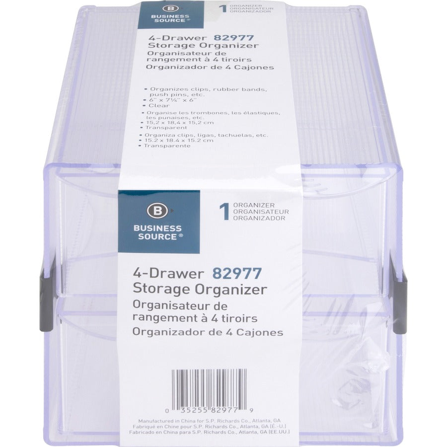 Business Source 4-drawer Storage Organizer - 4 Drawer(s) - 6" Height x 7.3" Width x 6" DepthDesktop - Clear - 1 Each