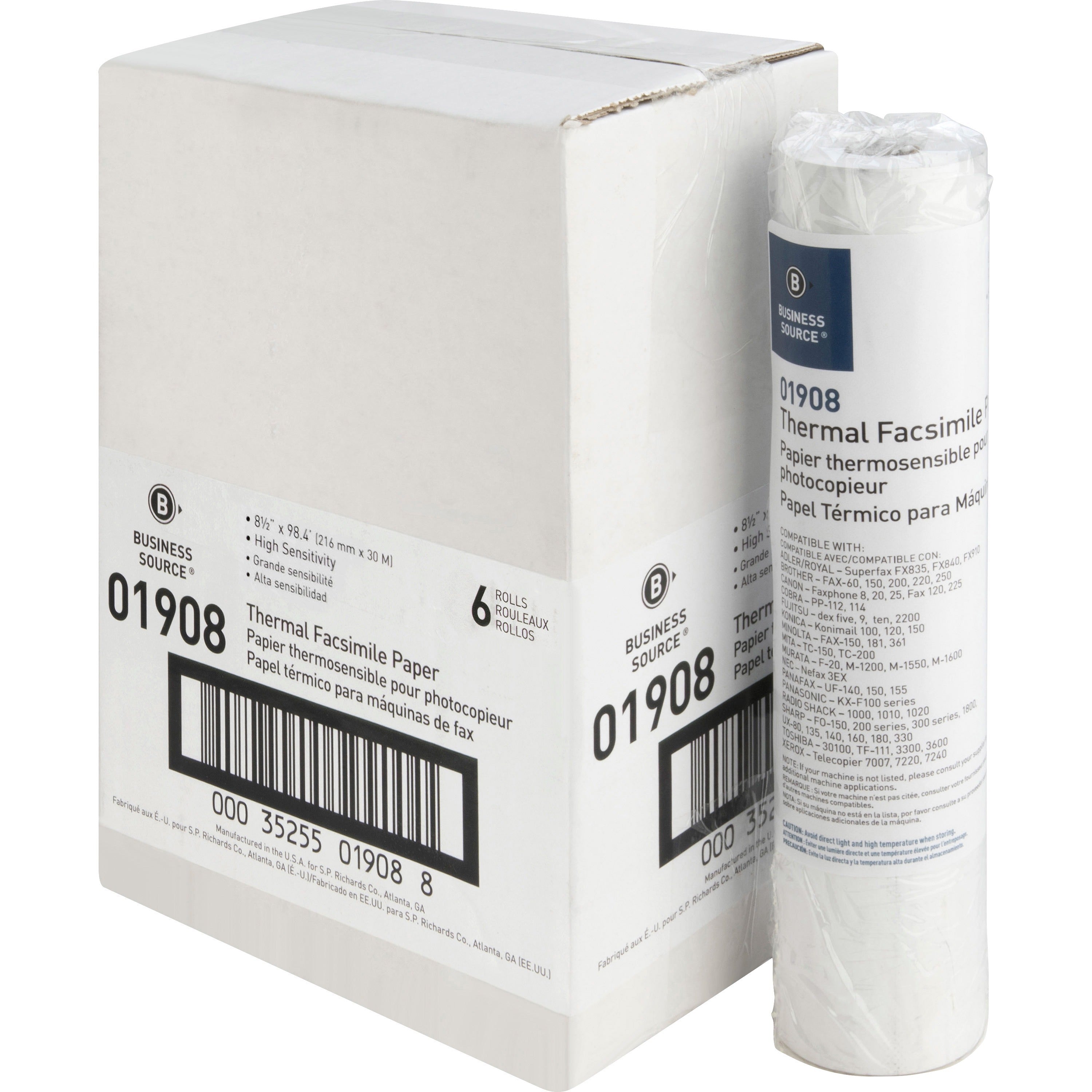 business-source-thermal-fax-paper-rolls-8-1-2-x-98-ft-6-carton-white_bsn01908 - 1