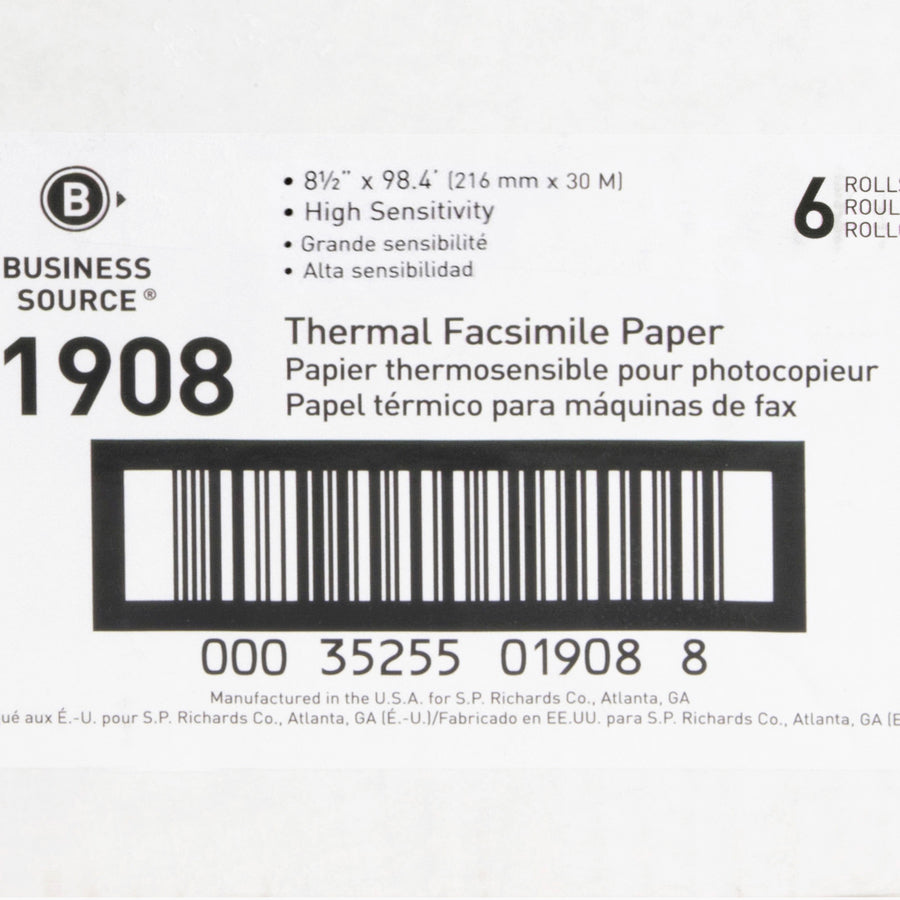 Business Source Thermal Fax Paper Rolls - 8 1/2" x 98 ft - 6 / Carton - White