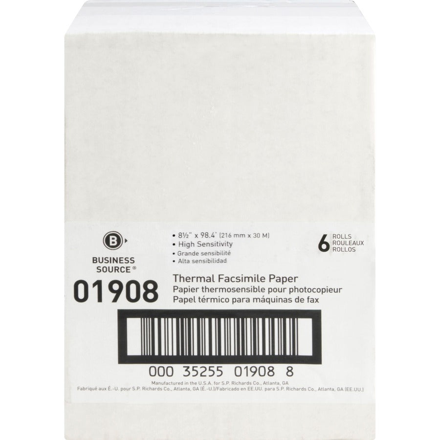 Business Source Thermal Fax Paper Rolls - 8 1/2" x 98 ft - 6 / Carton - White