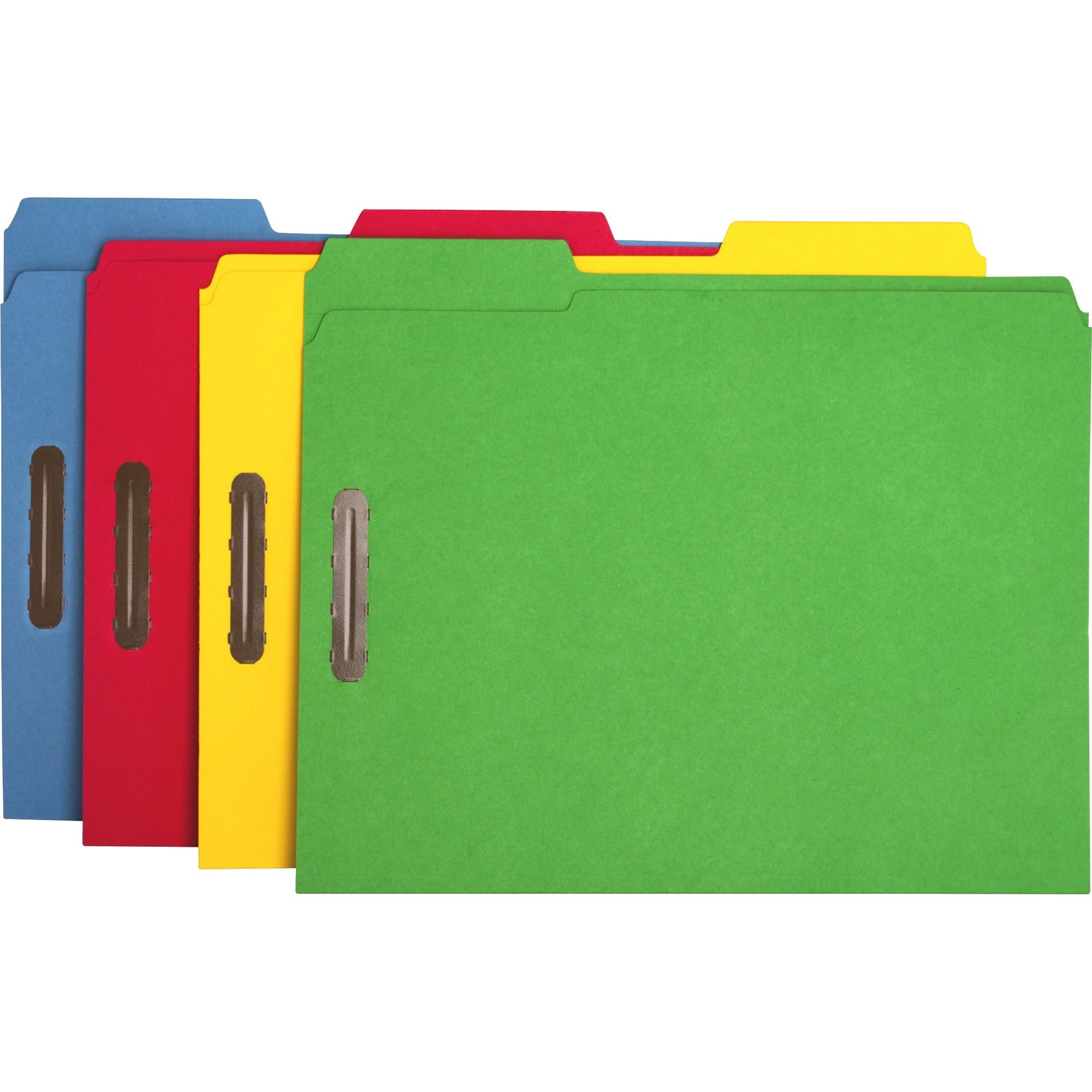 business-source-1-3-tab-cut-letter-recycled-fastener-folder-8-1-2-x-11-3-4-expansion-2-fasteners-2-fastener-capacity-top-tab-location-assorted-position-tab-position-yellow-blue-green-red-10%-recycled-50-box_bsn17571 - 1