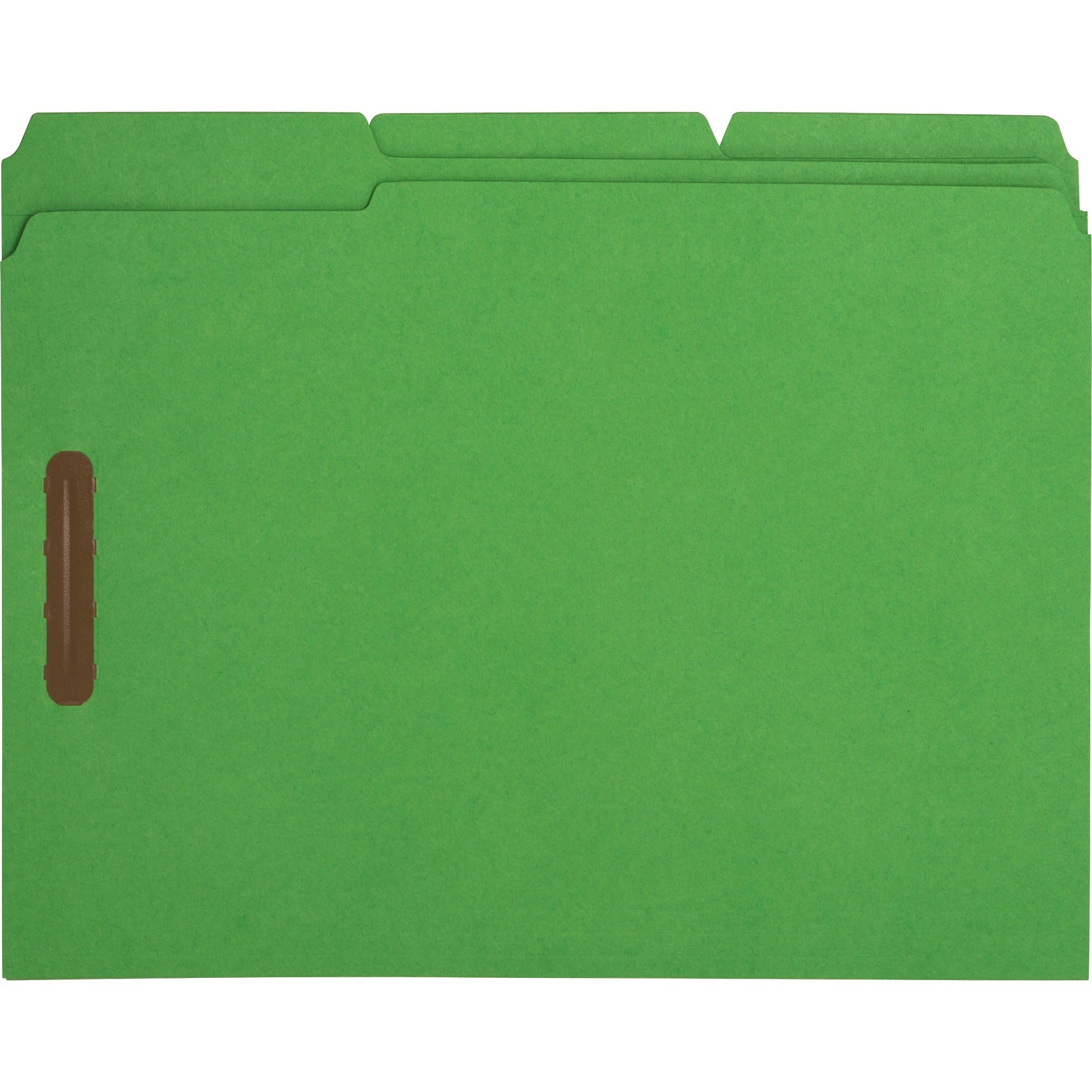 business-source-1-3-tab-cut-letter-recycled-fastener-folder-8-1-2-x-11-3-4-expansion-2-fasteners-2-fastener-capacity-top-tab-location-assorted-position-tab-position-yellow-blue-green-red-10%-recycled-50-box_bsn17571 - 2