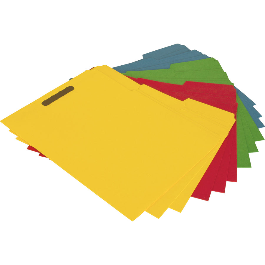 business-source-1-3-tab-cut-letter-recycled-fastener-folder-8-1-2-x-11-3-4-expansion-2-fasteners-2-fastener-capacity-top-tab-location-assorted-position-tab-position-yellow-blue-green-red-10%-recycled-50-box_bsn17571 - 3