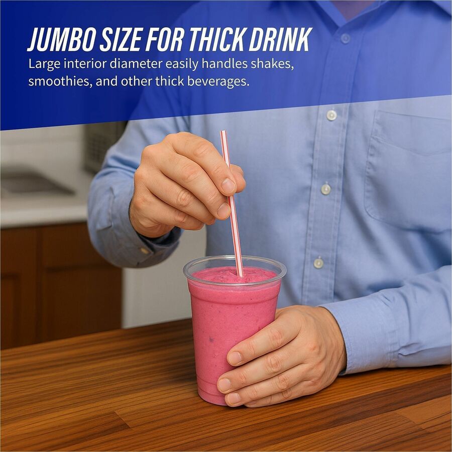 Genuine Joe Jumbo Striped Straws - 7.8" Length - Plastic - 24 / Carton - Red, White