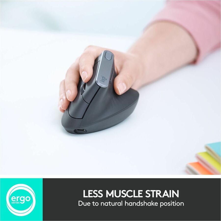 Logitech MX Vertical Advanced Ergonomic Mouse - Optical - Cable/Wireless - Bluetooth/Radio Frequency - Graphite - 1 Pack - USB Type C - 4000 dpi - Scroll Wheel - 4 Button(s) - Right-handed