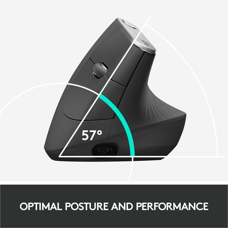 Logitech MX Vertical Advanced Ergonomic Mouse - Optical - Cable/Wireless - Bluetooth/Radio Frequency - Graphite - 1 Pack - USB Type C - 4000 dpi - Scroll Wheel - 4 Button(s) - Right-handed