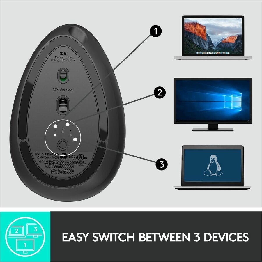 Logitech MX Vertical Advanced Ergonomic Mouse - Optical - Cable/Wireless - Bluetooth/Radio Frequency - Graphite - 1 Pack - USB Type C - 4000 dpi - Scroll Wheel - 4 Button(s) - Right-handed
