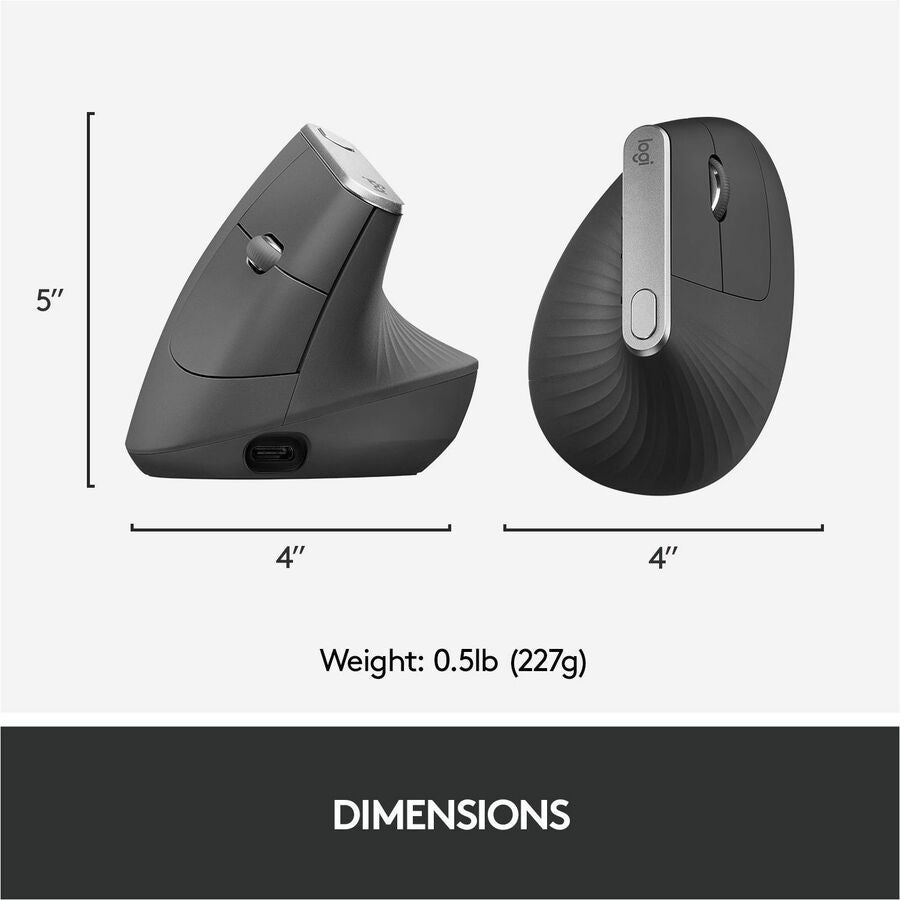 Logitech MX Vertical Advanced Ergonomic Mouse - Optical - Cable/Wireless - Bluetooth/Radio Frequency - Graphite - 1 Pack - USB Type C - 4000 dpi - Scroll Wheel - 4 Button(s) - Right-handed