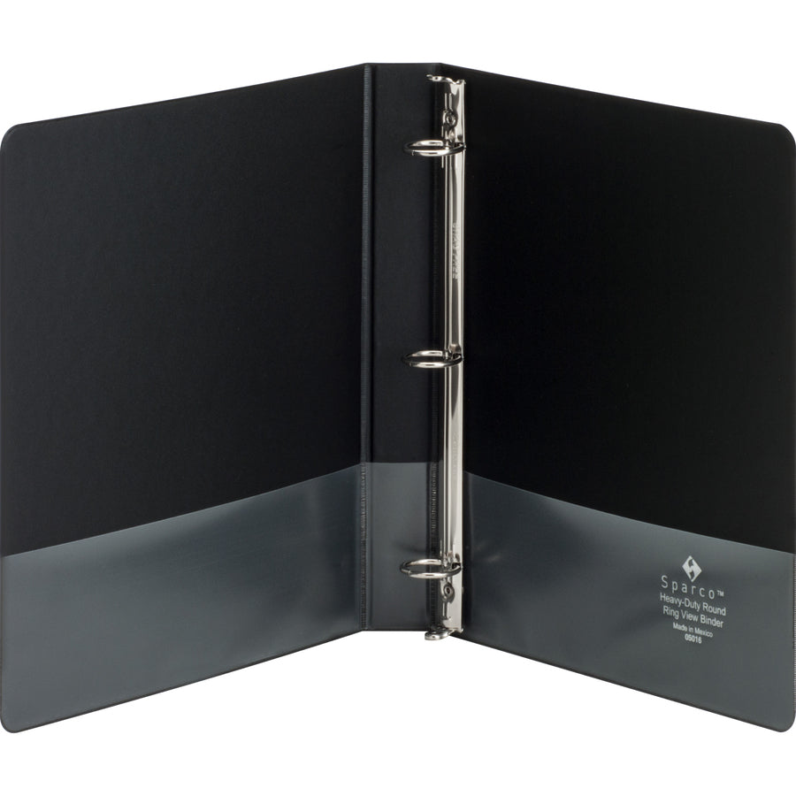 business-source-heavy-duty-view-binder-1-binder-capacity-letter-8-1-2-x-11-sheet-size-225-sheet-capacity-round-ring-fasteners-2-internal-pockets-polypropylene-covered-chipboard-black-wrinkle-free-non-glare-gap-free-ring-du_bsn19600 - 2