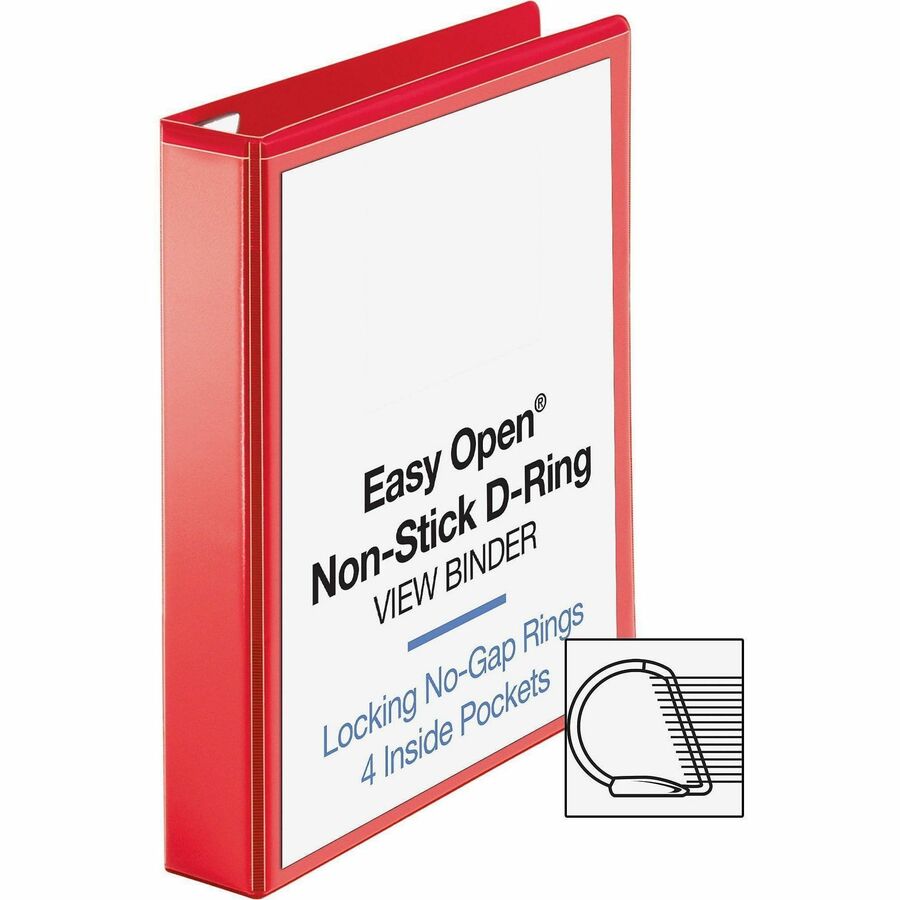 Business Source Red D-ring Binder - 1 1/2" Binder Capacity - Letter - 8 1/2" x 11" Sheet Size - D-Ring Fastener(s) - 4 Pocket(s) - Polypropylene - Red - Non-stick, Clear Overlay, Ink-transfer Resistant, Labeling Area - 1 Each
