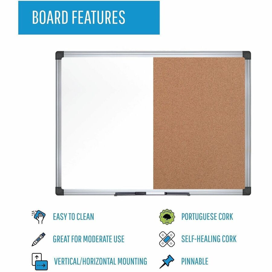 MasterVision Dry-erase Combo Board - 0.50" Height x 36" Width x 48" Depth - Natural Cork, Melamine Surface - Self-healing, Resilient, Easy to Clean, Dry Erase Surface, Durable - Silver Aluminum Frame - 1 Each - TAA Compliant
