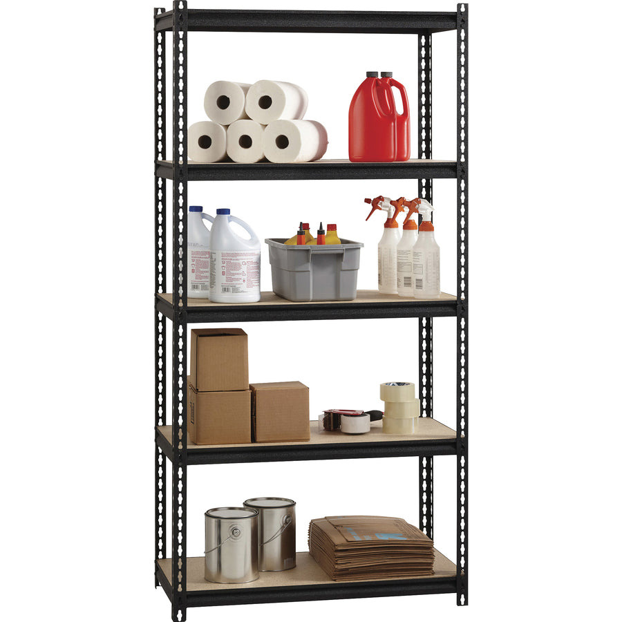 lorell-iron-horse-2300-lb-capacity-riveted-shelving-5-shelfves-72-height-x-36-width-x-18-depth-30%-recycled-black-steel-particleboard-1-each_llr59697 - 4