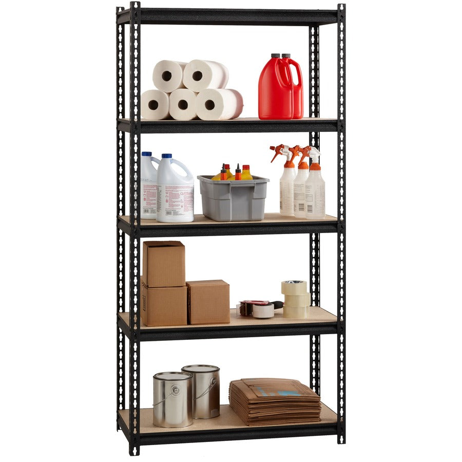 lorell-iron-horse-2300-lb-capacity-riveted-shelving-5-shelfves-72-height-x-36-width-x-18-depth-30%-recycled-black-steel-particleboard-1-each_llr59697 - 6