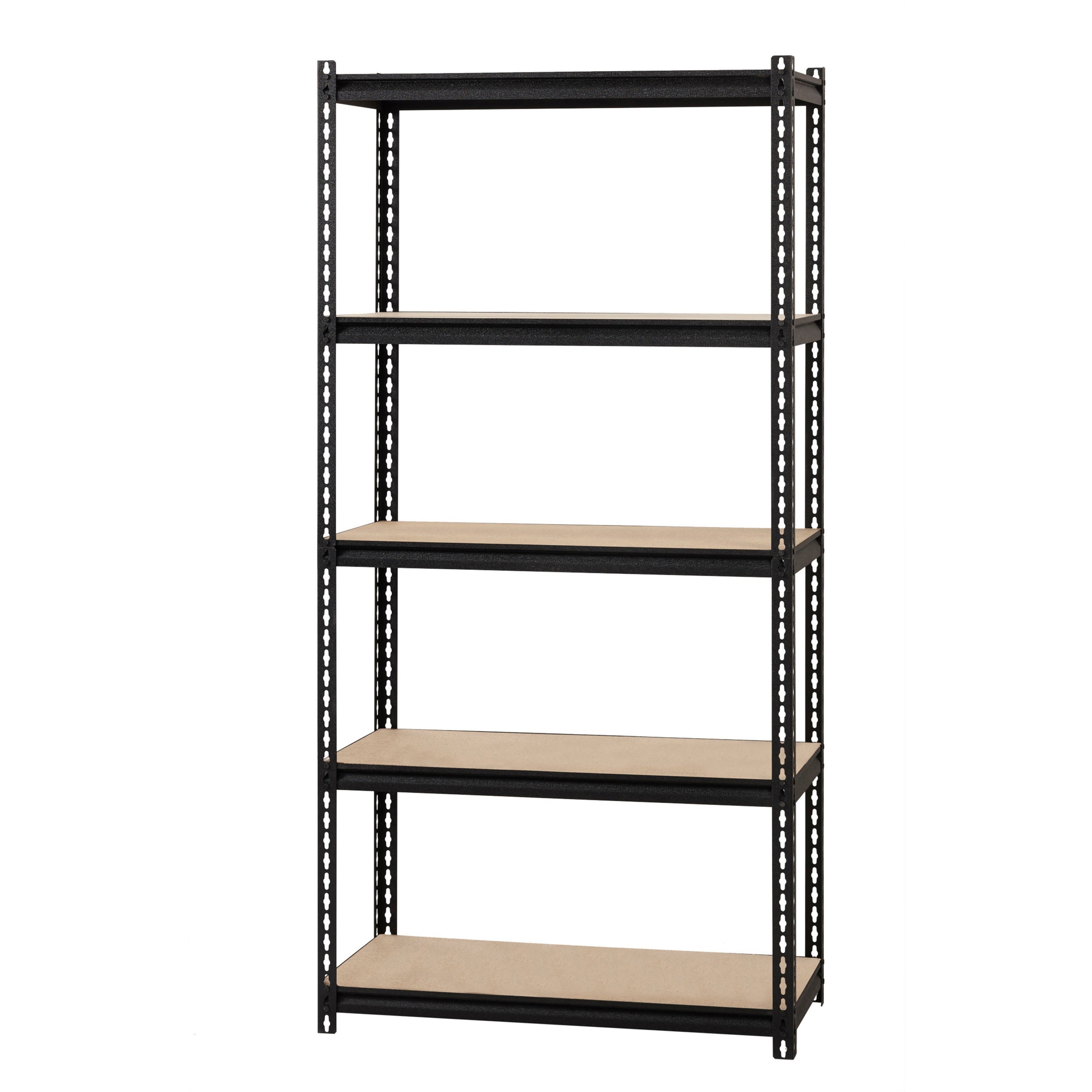 lorell-iron-horse-2300-lb-capacity-riveted-shelving-5-shelfves-72-height-x-36-width-x-18-depth-30%-recycled-black-steel-particleboard-1-each_llr59697 - 2