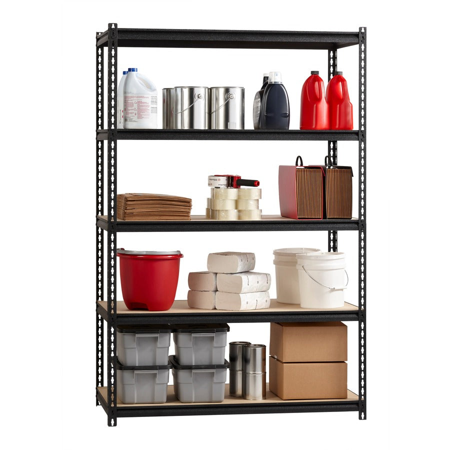 lorell-iron-horse-2300-lb-capacity-riveted-shelving-5-shelfves-72-height-x-48-width-x-18-depth-30%-recycled-black-steel-particleboard-1-each_llr59698 - 5