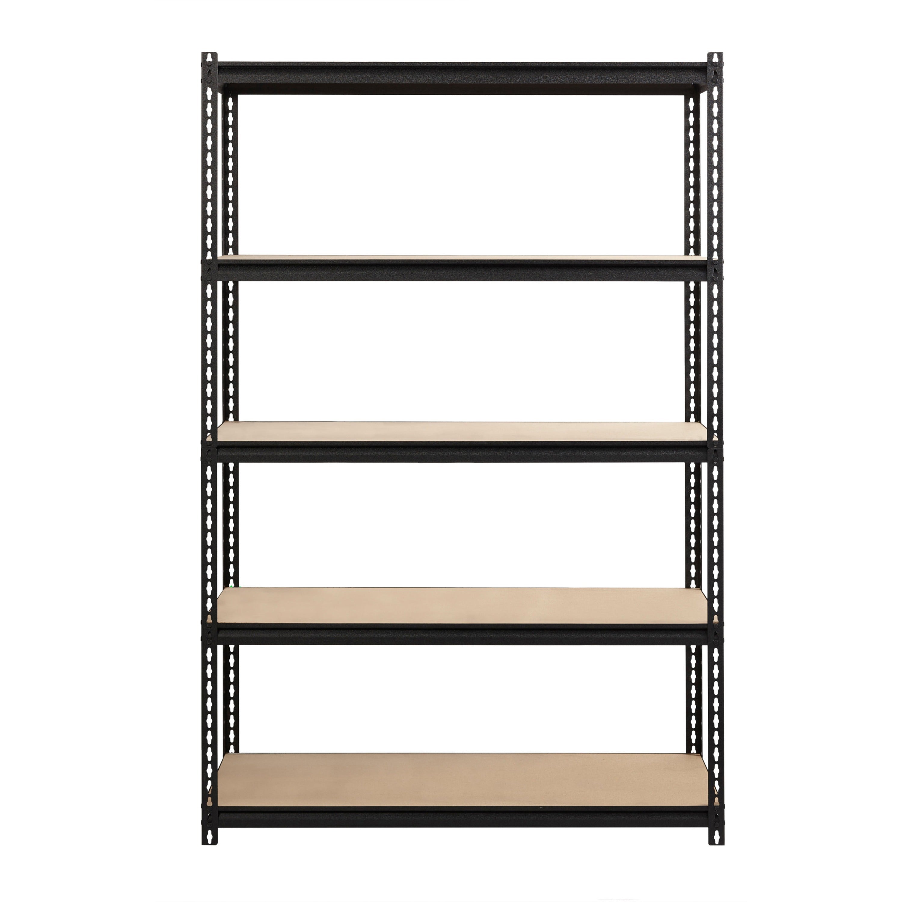 lorell-iron-horse-2300-lb-capacity-riveted-shelving-5-shelfves-72-height-x-48-width-x-18-depth-30%-recycled-black-steel-particleboard-1-each_llr59698 - 2
