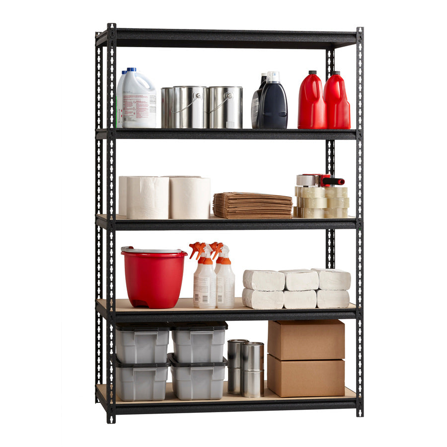 lorell-iron-horse-2300-lb-capacity-riveted-shelving-5-shelfves-72-height-x-48-width-x-18-depth-30%-recycled-black-steel-particleboard-1-each_llr59698 - 4