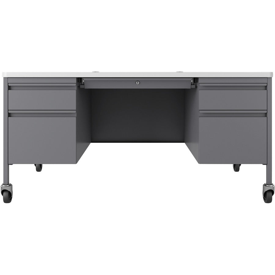 Lorell Fortress Series Mobile Double-Pedestal Teachers Desk - 60" x 30"29.5" - Box, File Drawer(s) - Double Pedestal - T-mold Edge - Finish: Gray