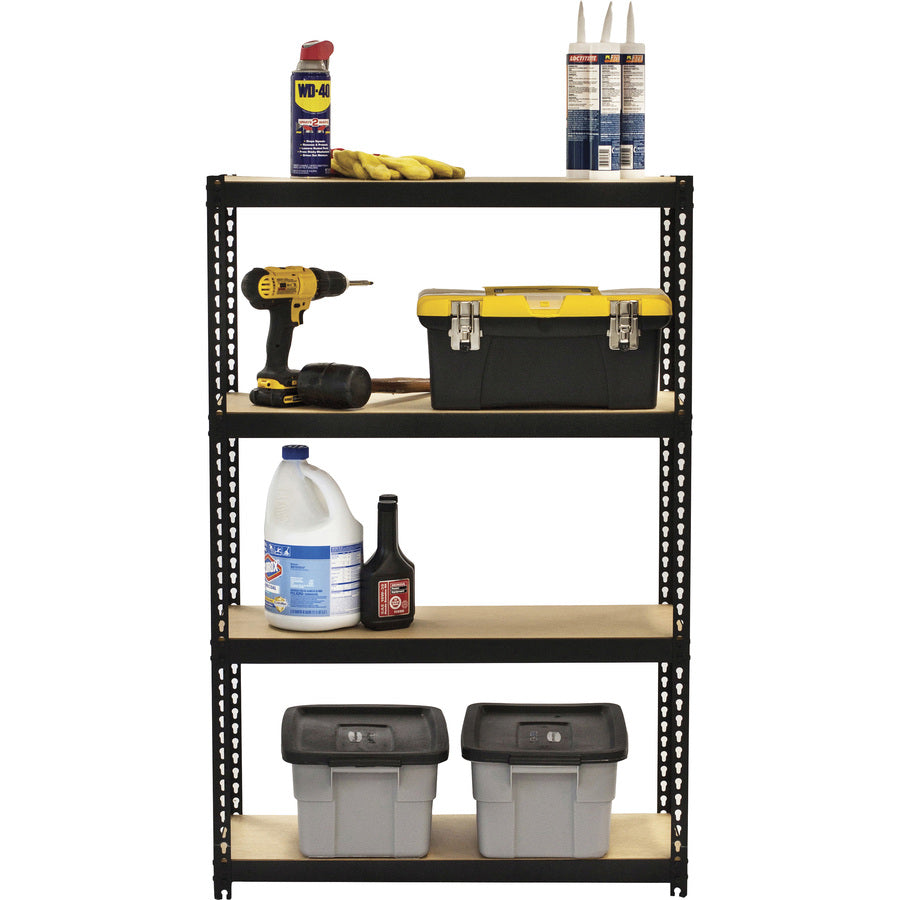 lorell-narrow-riveted-shelving-4-shelfves-48-height-x-30-width-x-12-depth-28%-recycled-black-steel-1-each_llr66963 - 5