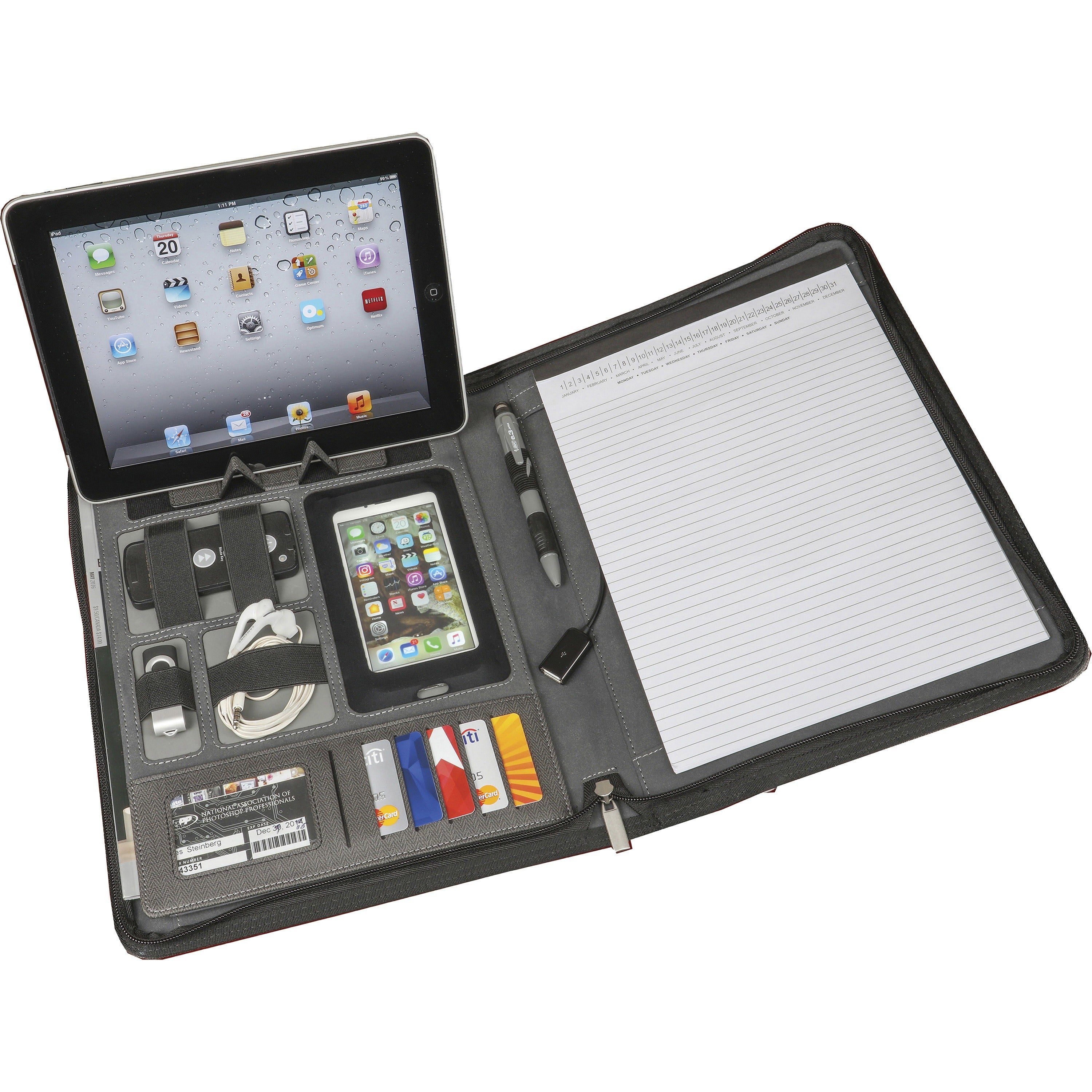 Power Padfolio, Zipper, 10.75 x 1.5 x 13.5, Polyurethane, Gray