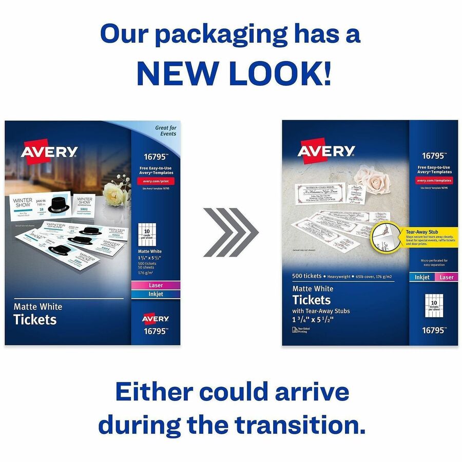 Printable Tickets with Tear-Away Stubs, 97 Bright, 65 lb Cover Weight, 8.5 x 11, White, 10 Tickets/Sheet, 50 Sheets/Pack